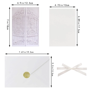 Detailed dimensions of laser cut wedding invitation with envelope and ribbon