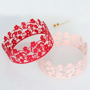 Detailed laser-cut hollow floral paper cake borders in red and light pink colors