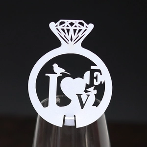Laser-cut white diamond ring paper card with LOVE motif for wedding glass decoration