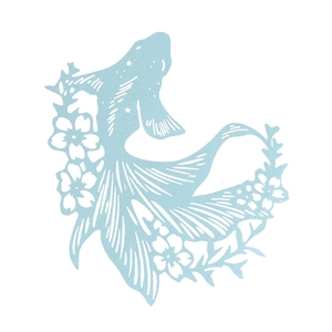 Detail of light blue laser-cut paper goldfish with cherry blossom floral patterns