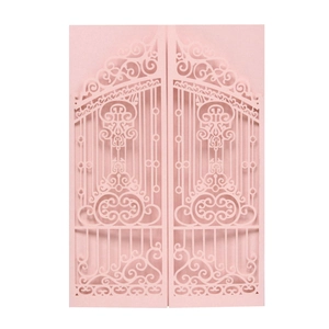 Pink laser-cut gate invitation card with elegant floral hollow patterns for weddings