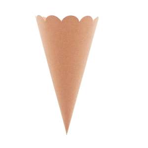 Detail view of brown kraft paper wedding petal cone with decorative wavy edge design