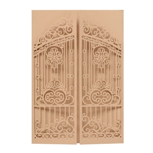 Detailed laser-cut hollow gate design on kraft paper wedding invitation cover card