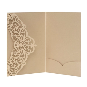 Champagne gold laser cut lace wedding invitation cover with elegant pearl finish