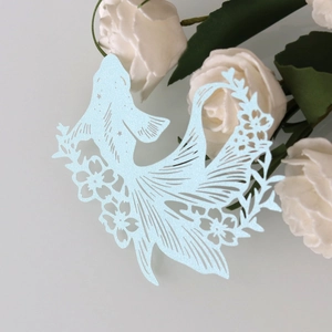 Laser cut light blue goldfish glass card with cherry blossom pattern for wedding decor