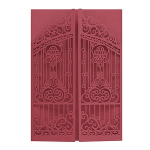 Burgundy laser cut wedding invitation card with intricate hollow gate pattern and scrollwork