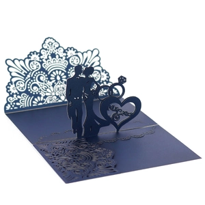 Navy blue 3D pop-up wedding card with laser-cut lace and Mr & Mrs silhouette