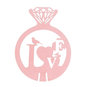 Pink glitter diamond ring card with LOVE text and bird detail for wedding party decor