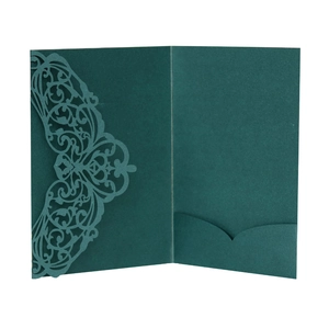 Laser cut lace hollow dark green wedding invitation pocket made of premium specialty paper