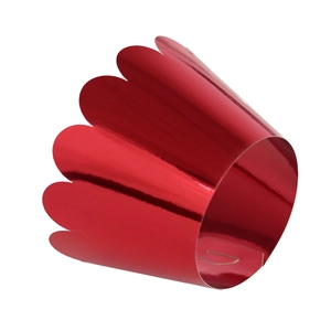 Close-up of red metallic laser-cut cupcake wrappers with elegant scalloped petal edges