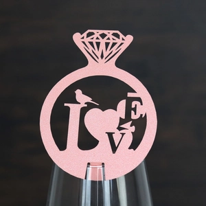 Pink glitter diamond ring wine glass card with heart and love cutout for wedding decor