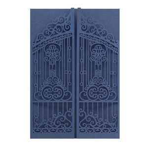 Navy blue laser-cut wedding invitation card with elegant European gate patterns