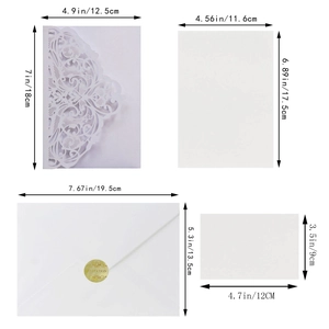 Detailed components of white laser-cut wedding invitations with precise size measurements
