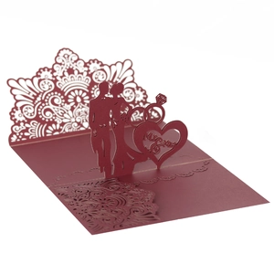 3D laser cut wedding invitation card in red with Mr & Mrs silhouette and lace details