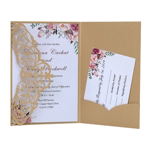 Laser cut wedding invitation set with dark red floral inserts and RSVP card