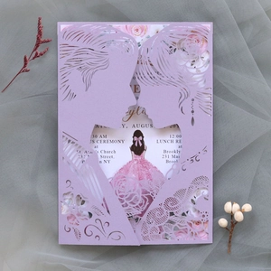 Laser cut lavender wedding invitation with elegant couple silhouette and rose floral detail
