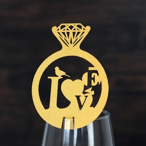 Golden glitter love diamond ring card for wedding wine glass and party table decoration