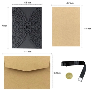 Detailed components of laser cut invitation suite with precise dimensions and black ribbon