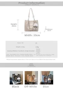 Detailed view of fashionable PU leather tote bag size dimensions and pearl chain ornament
