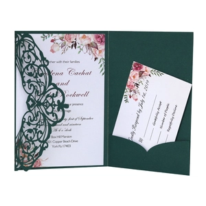 Laser cut dark green wedding invitation set with floral card and RSVP card on white background