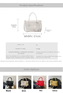 Detailed spec sheet showing litchi pattern bucket bag sizes and four color options