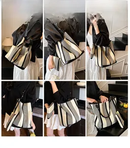 Detailed views of striped tote bag set with knotted shoulder straps and inner pouch