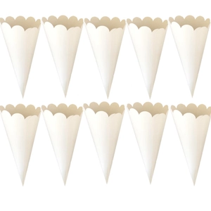 Set of 10 cream wedding confetti cones with decorative scalloped edges on white background