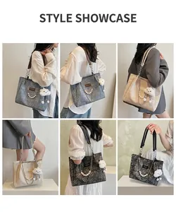 Detail of floral jacquard tote bags with pearl chains and fluffy cloud charms on models