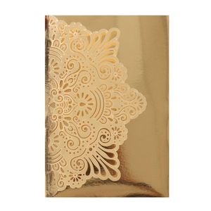 Detailed laser-cut gold metallic mandala pattern for elegant wedding invitations