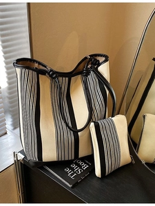 Women Fashion Striped Tote Bag Set Large Capacity PU Leather Shoulder Bag For Commuter Daily Versatile Shopping Bag