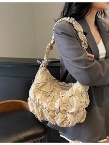 Chic beige ruched cloud bag in pleated nylon fabric for stylish underarm shoulder wear