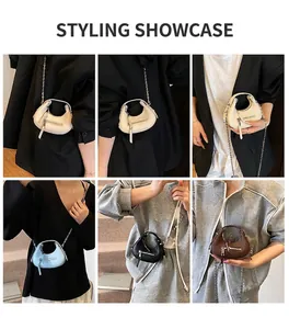 Multiple styles of mini crescent crossbody bags with metal chains in four colors