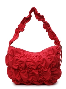 Red ruched cloud shoulder bag with pleated handle and aesthetic puffy design