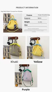 Detailed view of color block nylon crossbody bag showing 36x6x40cm size and 0.1kg weight