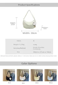 Tabella delle taglie per borsa a mezzaluna con misure 38x21x14cm e quattro varianti colore