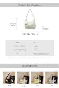 Detailed spec sheet of large canvas tote bag with dimensions and various color options