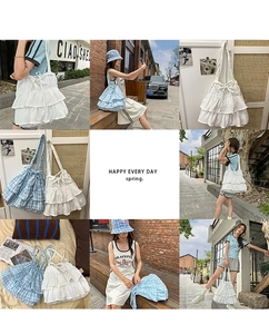 Detailed views of checkered canvas tote bag featuring triple-layered ruffled design