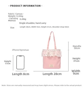 Pink canvas tote bag size comparison with iPhone 16 Pro Max and detailed dimensions