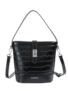 Women's black faux crocodile leather bucket bag with silver lock and shoulder strap
