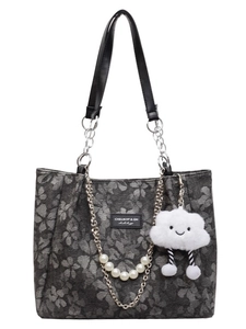 Dark gray floral tote bag with pearl chain decoration and cute cloud charm accessory