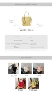 Detailed size chart and multi-color selection of PU leather bucket handbags for women