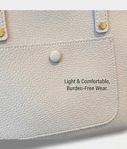 Detailed close-up of premium lychee grain leather texture and precise stitching on tote bag