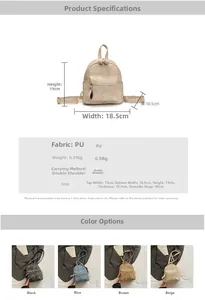 Detail view of mini floral embossed PU backpack with size specs and multi-color options