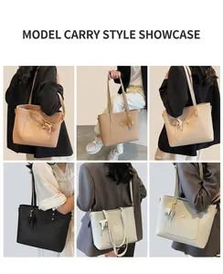 Detailed views of leather tote bags in five colors showing texture and shoulder straps