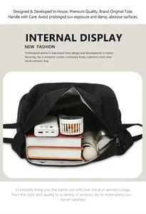 Internal view of the black backpack showing large capacity for books and accessories