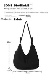 Detailed view of black nylon shoulder bag with dimensions: 36cm width and 28cm height