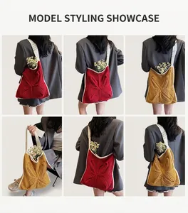 Collage of red and yellow handmade crochet shoulder bags with floral knit patterns