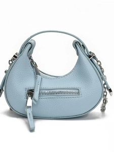 Minimalist light blue crescent leather handbag with silver chain strap and litchi texture