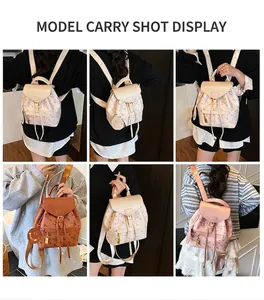 Collage of mini printed backpacks in beige, brown and pink shown on a model