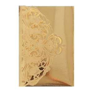 Intricate laser-cut gold wedding invitation with elegant floral filigree hollow patterns